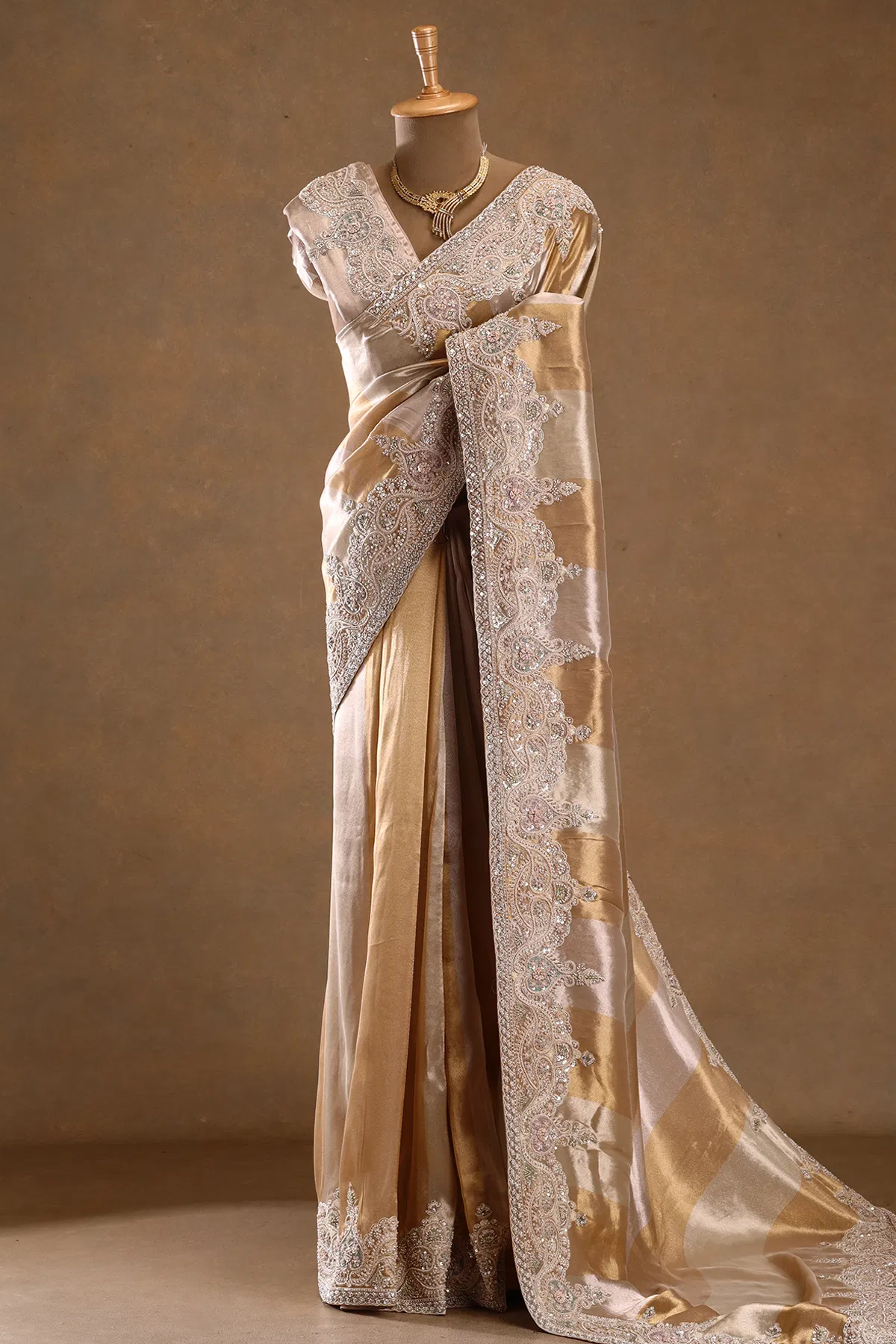 Gold zardosi embroidered tissue designer saree